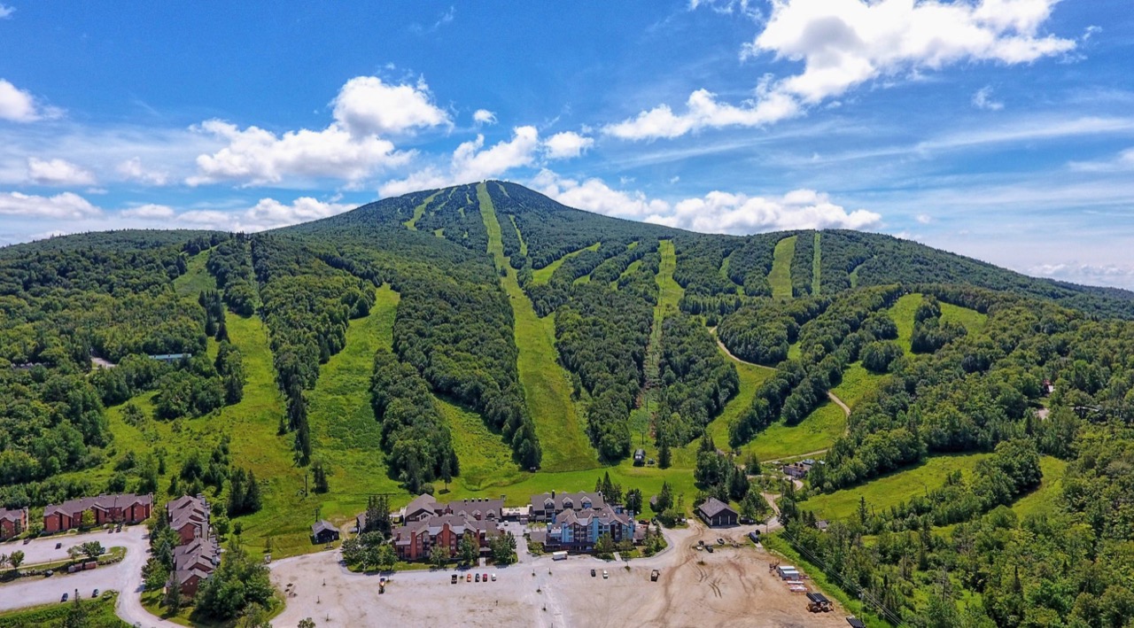 Aerial summer view of Pico Mountain trails and base area in Killington, Vermont